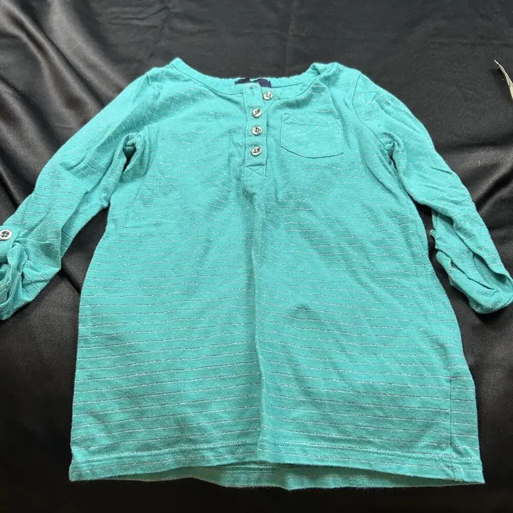 Gap Kids Girls Teal & Silver Striped Long Sleeve Shirt Size S Half Button-Up Top